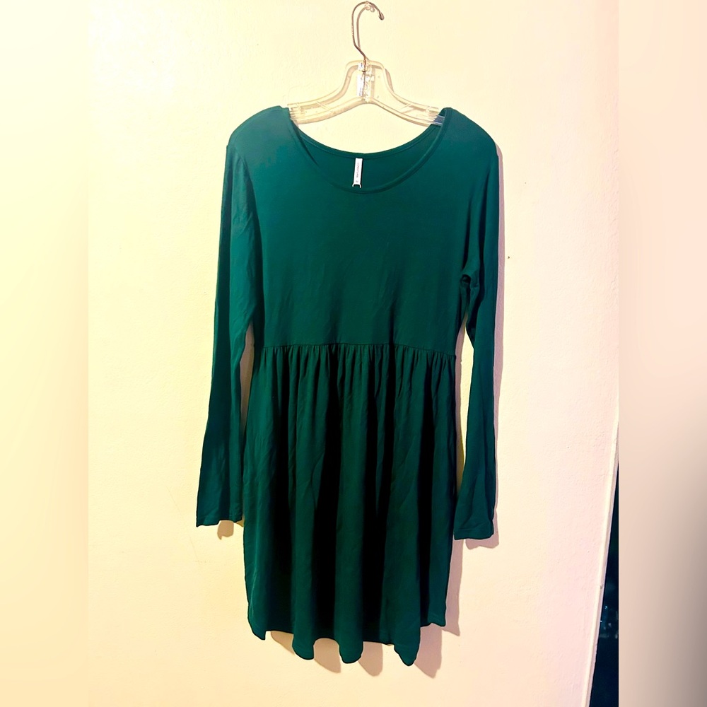 Longyuan Emerald Green Stretch Cottonny Pocketed Long Sleeved Fit & Flare Dress